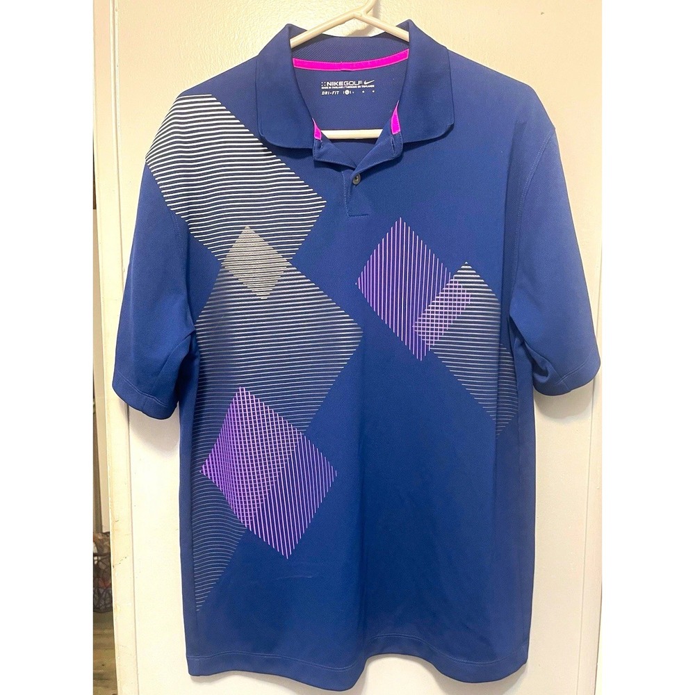 Nike Golf Dri-FIT Polo Men's Large Blue Purple White Argyle Short Sleeve